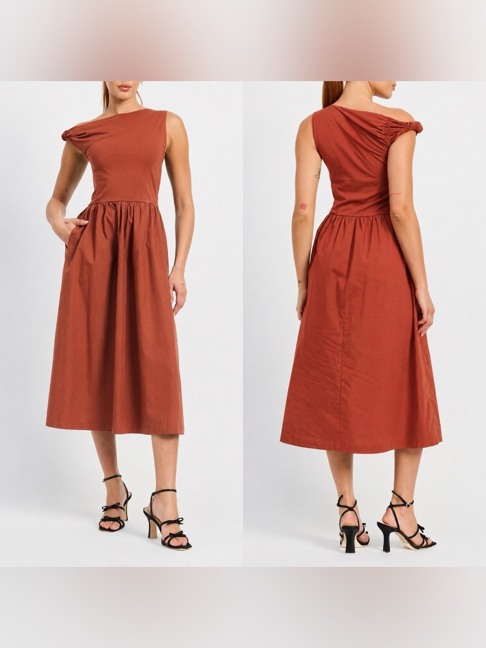 En Saison Rust Brown Mixed Media Asymmetric Neck Midi Dress XS